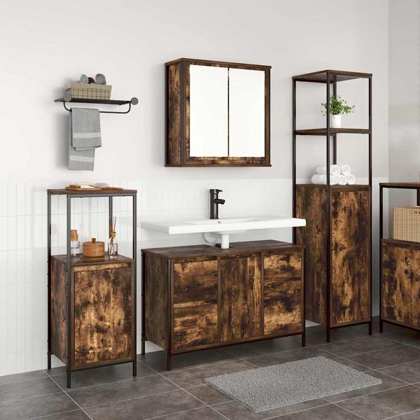 vidaXL Badezimmermöbel-Set mit Tür 3 pcs Geräucherte Eiche und Schwarz 3328381