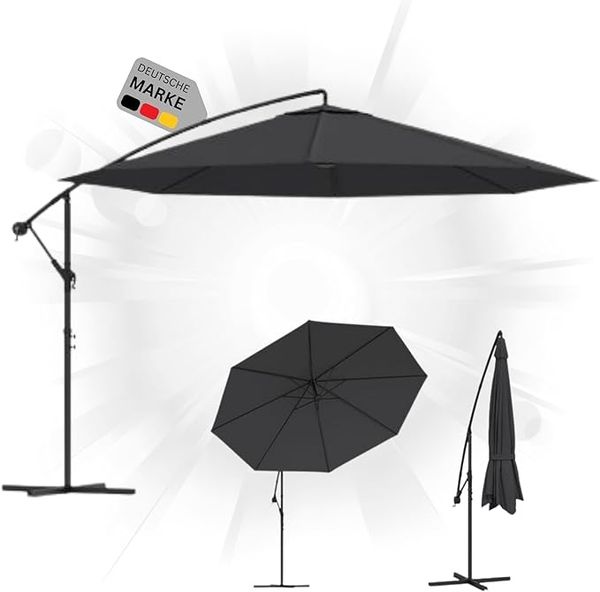 Sonnenschirm rund MARC 350cm Schwarz UV-Schutz, Kurbelsystem Ampelschirm rund Freiarm Sonnenschirm 350 cm Kurbelschirm Standschirm Sonnenschutz Gartenschirm Balkonschirm klassisch