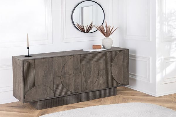 riess-ambiente Sideboard ART DECO 170 cm grau – Mangoholz, 3D-Front, Massivholz (Einzelartikel, 1 St), markante Kommode mit Stauraum & Push-to-Open – ideal fürs Wohnzimmer