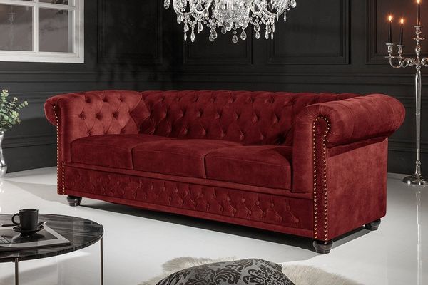 riess-ambiente Sofa CHESTERFIELD 205cm rot - Samt, Federkern-Polsterung, Rundum Bezug, Einzelartikel 1 Teile, 3-Sitzer Couch mit Knopfheftung & Goldnieten - ideal für Wohnzimmer