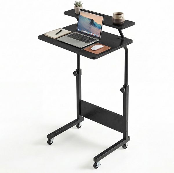 YITAHOME Mobilfunk Schreibtisch mit Rollen, Tragbarer Home Office Computertische Laptoptisch, Beistelltisch Höhenverstellbar mit Aufbewahrungsregal, Stehpult Beistelltisch Rollen, Schwarz