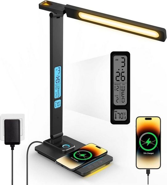 Forrlite LED Schreibtischlampe LED fest integriert LED Tischlampe Dimmbar, kabelloses Laden, USB-Ladefunktion, 3 Farbtemperaturmodi und 5 Helligkeitsstufen, Temperatur-, Alarm- & Kalenderfunktion