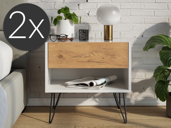 2er Set Nachttisch Dion 50cm SoftClose stehend Weiß & Eiche Front : Oak Gold / Weiss hochglanz