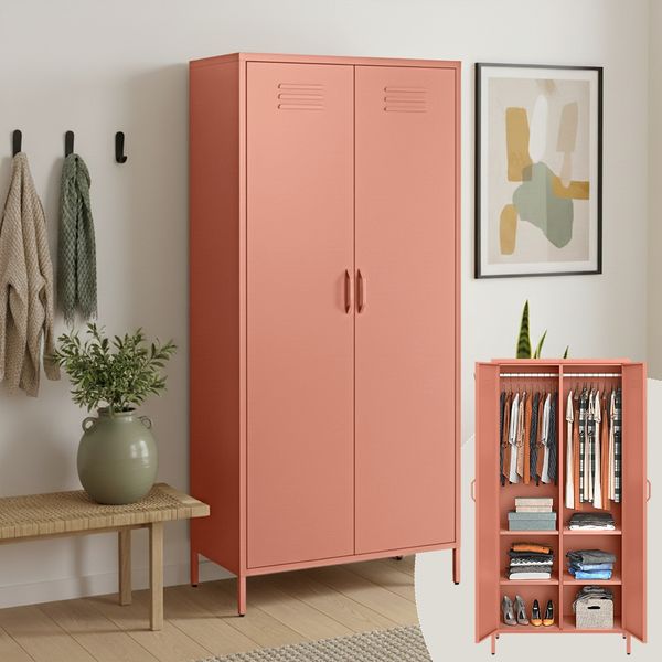 skølm 'Atria' Kleiderschrank, Metall, 170x45x80 cm, terrakotta, Garderobe mit 4 Fächern und 2 Kleiderstangen