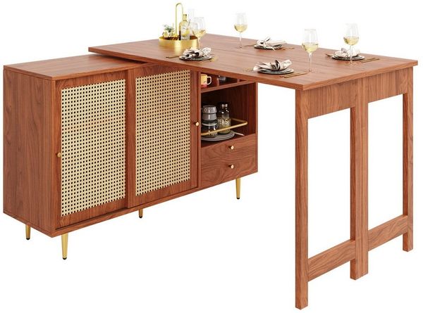 i@home Bartisch Um 360° drehbarer, mit Rattantür und offenes Lagerregal, Braun/Schwarz (1* Hauptkörper, 1* ausziehbarer Tisch), ausziehbarer Design, Hauptkörper: 107 x 40 x 71,4 cm