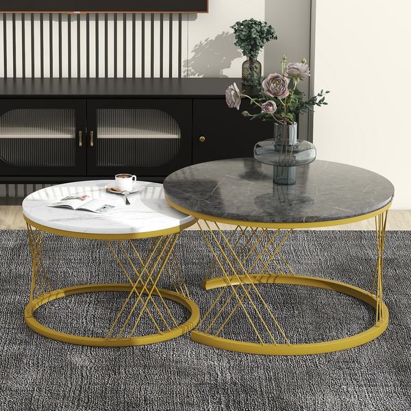 Rundes Couchtisch-Set, B 70 x T 70 x H 45 cm + B 45 x T 45 x H 40 cm, nestbar, MDF mit Marmormuster