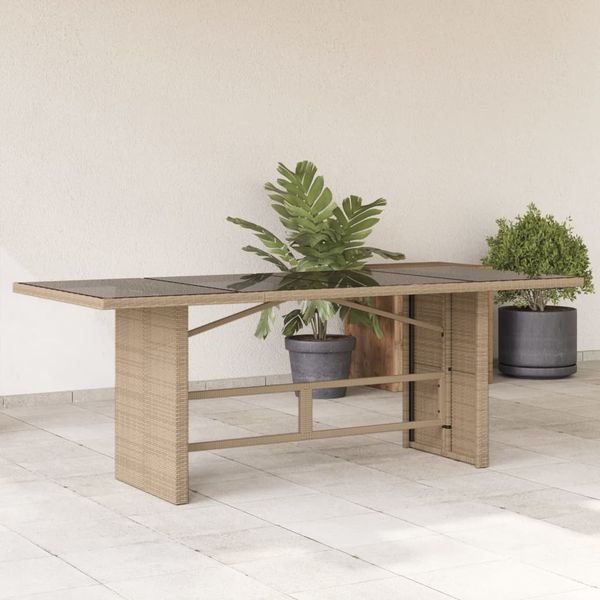 Gartentisch, Balkontisch mit Glasplatte Beige 190 x 80 x 75 cm Poly Rattan