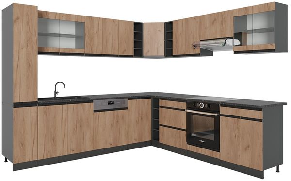 Eckküche R-Line Goldkraft Eiche 257 x 46 cm J-Shape, ohne Arbeitsplatte Vicco