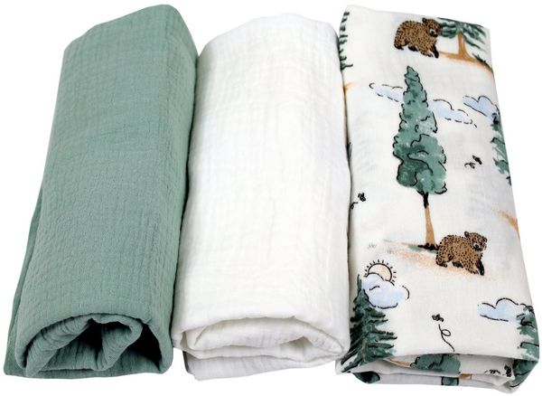 BabyLux Spannbettlaken Musselin Set – 3er Pack 40x80 cm für Kinderwagen Stubenwagen Babybett, Gummizug: ja, z12 Grün-Weiß-Wald