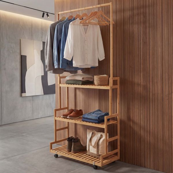 Bambus Standgarderobe HWC-Q33, Garderobenständer Kleiderständer Schuhregal, Stange 3 Ablagen Rollen 175x93x38cm ~ natur