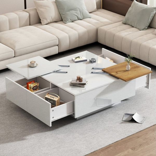 STILVORA Couchtisch mit verschiebbare Tischplatte,Wohnzimmertisch Sofatisch mit Schubladen (Satztisch, Wohnzimmertisch Beistelltisch, 1-St, 4 Schubladen), Hochglänzender quadratischer Couchtisch mit Ablagefläche