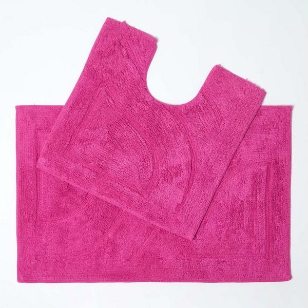 Homescapes Badematte 2 teiliges Luxus Badematten Set 100% Baumwolle raspberry, Höhe 30 mm, Badematte - 50x80 cm, WC Vorleger - 50x55 cm