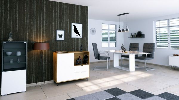 Vladon Kommode Marino (Kommode mit 1 Tür Weiß matt, 2 Schubladen Weiß matt, Made in Germany), Korpus Eiche Evoke (103 x 90,5 x 37 cm)