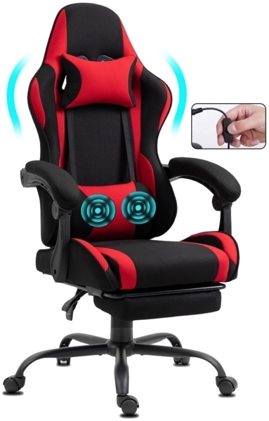 Delman Stoff Bürostuhl Gaming Stuhl Gaming Sessel Ergonomischer mit Fußstütze Kopfstütze Massage-Lendenkissen Gaming Chair Drehsessel 02-0040 Rot