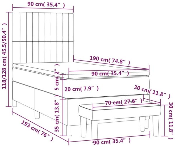 vidaXL Boxspringbett mit Matratze Dunkelbraun 90x190 cm Stoff 3136720 Bild 8
