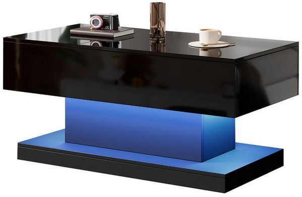 BlingBin Couchtisch Höhenverstellbar LED Couchtische Kaffeetisch 100 x 50 x 45 cm (1er Set, 1-St, Hochglanz-Lift-Teetisch mit LED-Beleuchtung), Halbhebbares Tischblatt und seitlich verschiebbares Design, Stauraum