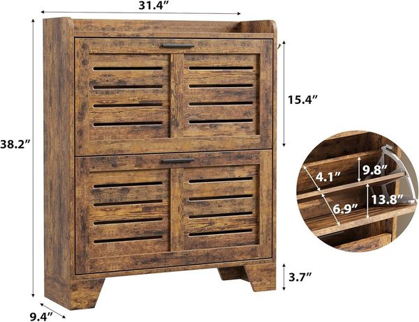 GarveeMore Schuhschrank 2 Klappschubladen und Haken,Schuhkipper,Schuhkommode schmaler Schuhschrank für Foyer,Flur,Garage,rustikales Braun