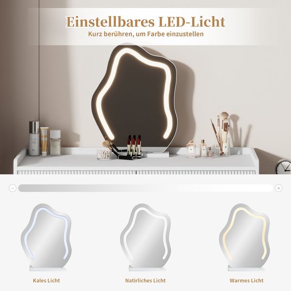 Luxus Schminkkommode mit LED Beleuchtung und gewellten Schubladen Weiß E1 Spanplatte Metallbeine großer Stauraum mit 2 Schubladen Schrank Touchscreen Beleuchtung Beauty Tisch mit Wandverriegelung, 75cmx40cmx100cm, Weiß Bild 4