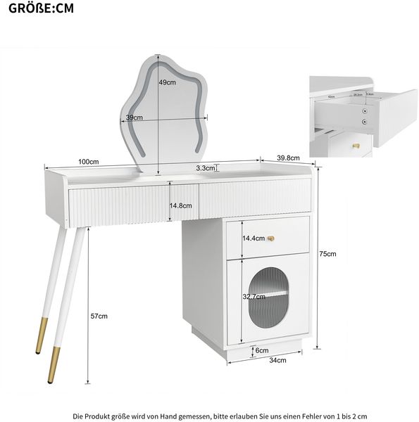 Luxus Schminkkommode mit LED Beleuchtung und gewellten Schubladen Weiß E1 Spanplatte Metallbeine großer Stauraum mit 2 Schubladen Schrank Touchscreen Beleuchtung Beauty Tisch mit Wandverriegelung, 75cmx40cmx100cm, Weiß Bild 3