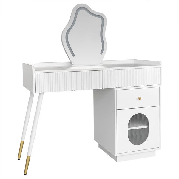 Luxus Schminkkommode mit LED Beleuchtung und gewellten Schubladen Weiß E1 Spanplatte Metallbeine großer Stauraum mit 2 Schubladen Schrank Touchscreen Beleuchtung Beauty Tisch mit Wandverriegelung, 75cmx40cmx100cm, Weiß Bild 8