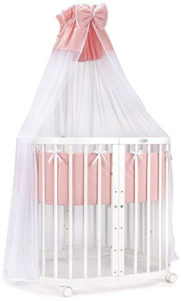 Waldin Babybett aus Holz 7in1 mit Matratze, mitwachsendes Kinder-Bett, belüftet, Boden 5-fach verstellbar, All-Inclusive-Set Holz weiß, Stoffe lachs