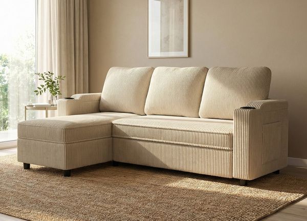 GUNJI Ecksofa Multifunktionales L-Form Schlafsofa aus Cord, mit Stauraum, Gästebett-Funktion, Tassenhaltern & Seitentasche