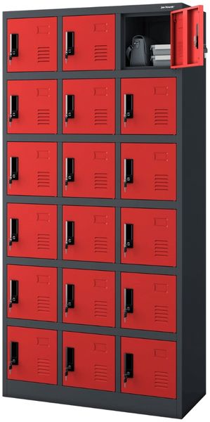 Schließfachschrank Spind KAROL - 18 Fächer, Etikettenhalter Lüftungsschlitze | Wertfachschrank Umkleideschrank Metall Kleiderspind, 185x90x40cm Anthrazit-Rot