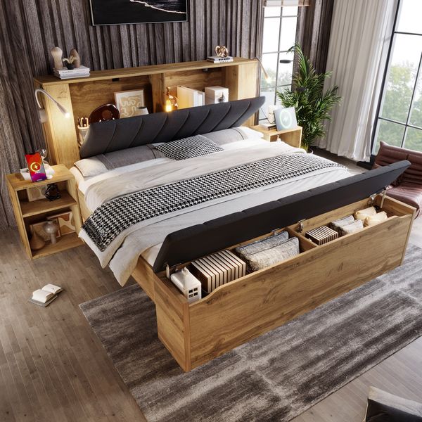 Novelux Doppelbett 160x200 cm Holzbett mit Stauraum – Eiche, klappbares Kopfteil, Nachttische, Bettbank, Leselampen & USB-Anschluss