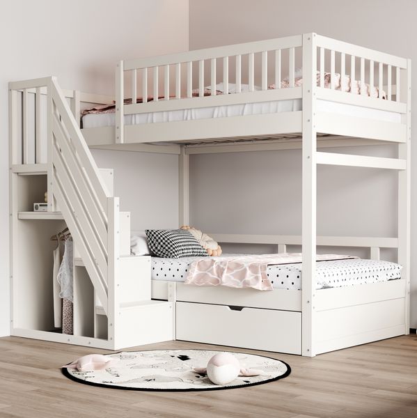 Etagenbett Massivholz mit Sicherheitsleiter & Stauraum, 90x200 cm, ohne Matratzen, weiß
