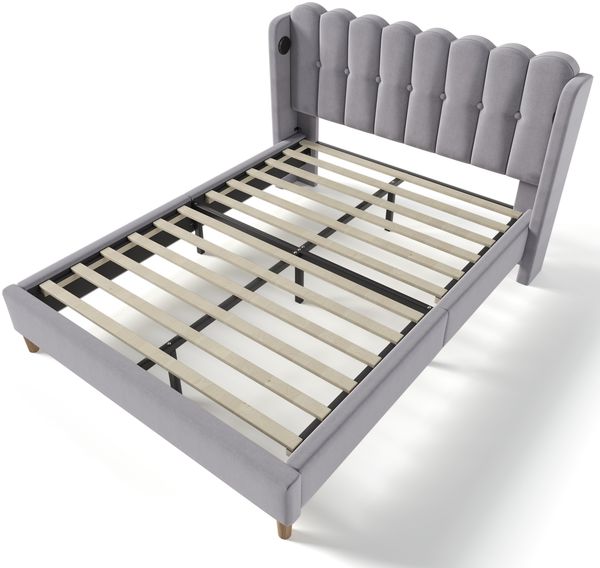 Polsterbett 160×200 cm mit USB- und Typ-C-Anschluss, Paneel-Kopfteil, Grau, mit Matratze Bild 9
