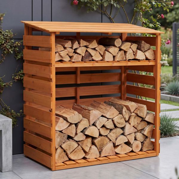 Brennholzlager HWC-Q16, Kamin-/Feuerholzregal Holzlager Holzunterstand, Ablage Holz Tanne FSC® 121x122x61cm ~ natur