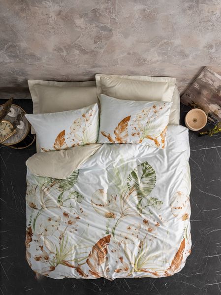 Satin-Einzelbettbezug-Set XXL (DE), 'Luster', Beige, Weiß, Grün
