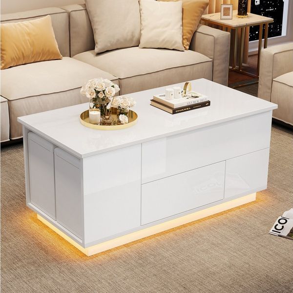 REDOM Couchtisch mit Hochglanz-Oberfläche (Wohnzimmertisch, Beistelltisch, 1-St, mit LED, 2 Schubladen, 100*50*45cm), Hochglanztisch mit 2 Hockern, verstecktem Stauraum