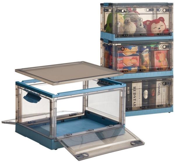 Zedelmaier Aufbewahrungsbox faltbare und stapelbare Aufbewahrungsbox mit Deckel (Set, 3 St, Blau), Oben und an 2 Seiten zu öffnen, mit Rädern Griffen Türen