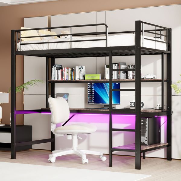 Hochbett mit Schreibtisch, LED-Beleuchtung, USB Anschlüssen, Rausfallschutz, Steckdosen und Regal, 90x200 cm, Metallbett, Jugendbett