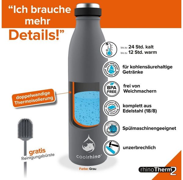 coolrhino Isolierflasche rhinoTherm2 Edelstahl Trinkflasche 500 ml / 1 liter, Thermosflasche BPA frei mit Reinigungsbürste, Spülmaschinenfest