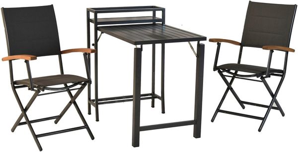 MERXX Balkonset »Paxos«, (Set, 3-tlg), Tischplatte aus Aluminum, Armlehnen aus Akazienholz