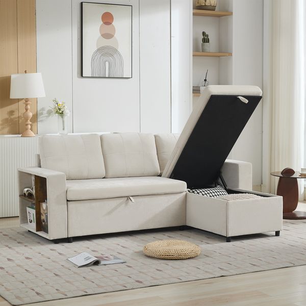 Merax Dreisitzer-Sofa, Ecksofa mit Stauraum 202x136x85cm, L-Formiges Schlafsofa, Seitlicher Stauraum, Chenille Couch, 120kg belastbar, Kann links oder rechts montiert werden, Beige