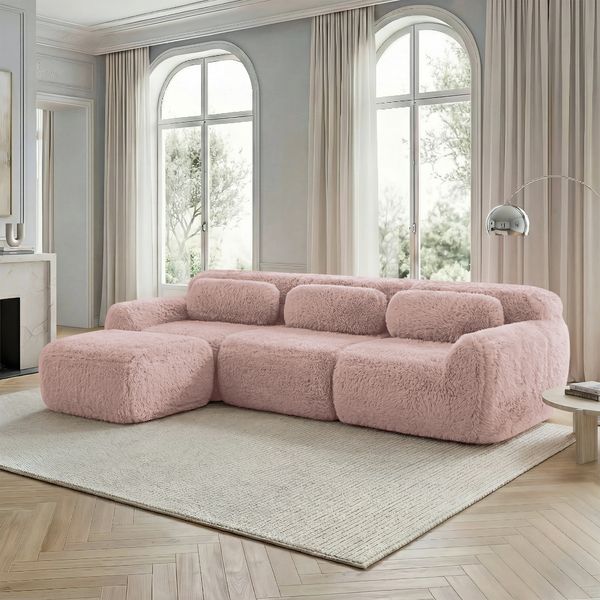 Flieks 3-Sitzer Sofa, L-förmiges Sofa, rahmenlos modular mit Ottoman & 3 Kissen, rutschfester Boden, Plüsch, Rosa