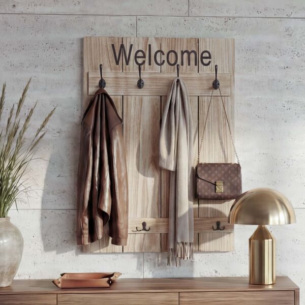 Wandgarderobe HWC-C89 Welcome, Garderobe Garderobenpaneel, Shabby-Look Vintage, 91x60cm ~ naturbraun