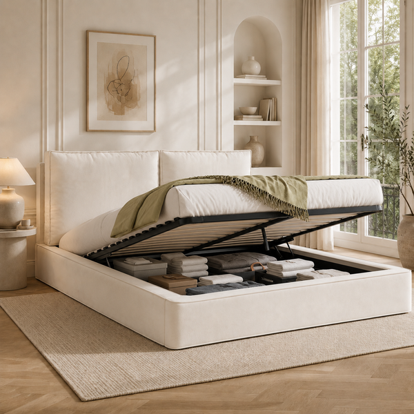 Merax Doppelbett, 160x200 cm Polsterbett, hydraulisches Funktionsbett, Bett mit Lattenrost, Kopfteil, gepolstertes Kopfteil, Chenille, Beige