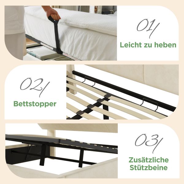 Polsterbett 140×190 cm mit höhenverstellbarem Stauraum-Kopfteil, LED & USB, Beige, ohne Matratze Bild 8
