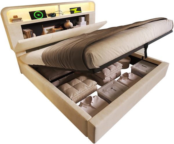 Polsterbett 140×190 cm mit höhenverstellbarem Stauraum-Kopfteil, LED & USB, Beige, ohne Matratze Bild 7