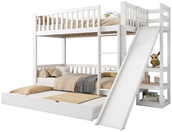 Odikalo Kinderbett Etagenbett Rollbett Fallschutzgitter Rutsche Weiß, 90x200/190cm