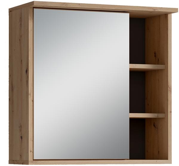 byLIVING Badezimmer Spiegelschrank WELLNESS mit LED-Beleuchtung & Steckdose / Moderner, 1-türiger Spiegel Hängeschrank in Artisan Eiche / Wandschrank mit Spiegeltür / B 60, H 61, T 28 cm