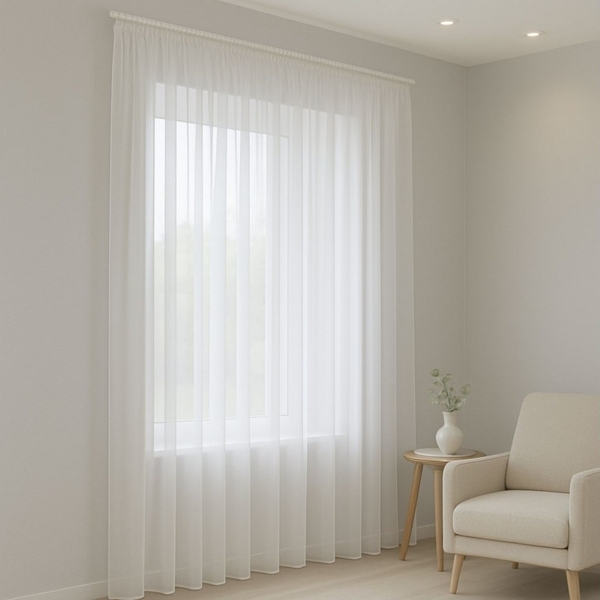 Gardinen by Justyna Gardine Gardine Voile Weiß mit Kräuselband und Bleiband (1 St), Kräuselband, halbtransparent, Fertiggardine,(Raffverhältnis 1:2),Halbtransparent,Pflegeleicht,Store Bild 1