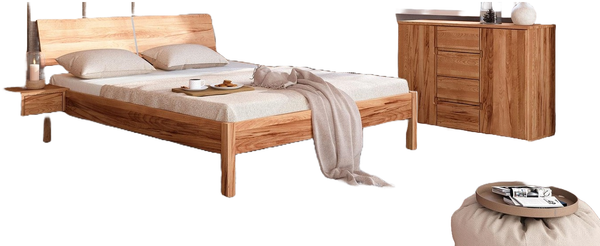 Bett Bento 9 Sonderlänge 100x210 Kernbuche massiv mit Holzkopfteil und Holzbeine