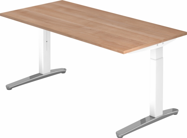 bümö manuell höhenverstellbarer Schreibtisch 160x80 in Nussbaum, Gestell in weiß/alu - PC Tisch höhenverstellbar & groß, höhenverstellbarer Tisch Büro, großer Computertisch verstellbar, X16-N-WC