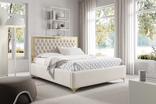 MEBLINI Polsterbett 140x200 mit Lattenrost und Matratze – ARONA GOLD – Beige Samt – Doppelbett mit Bettkasten - Stauraumbett - Kopfteil Bett mit Stauraum