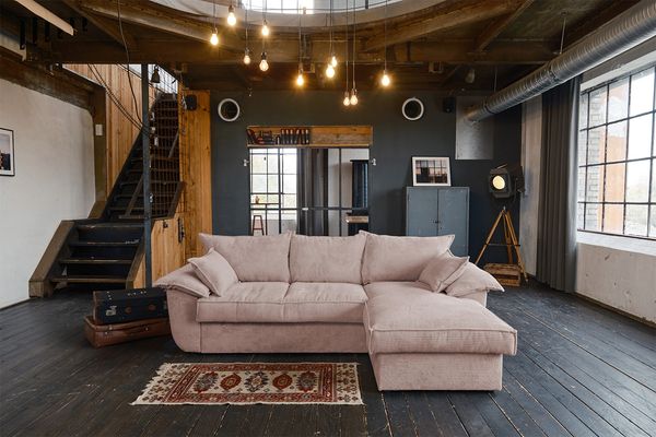 KAWOLA Sofa DAMETO Ecksofa Bettsofa Schlafsofa mit Stauraum Cord rosa Recamiere rechts 77 x 174 x 266 cm